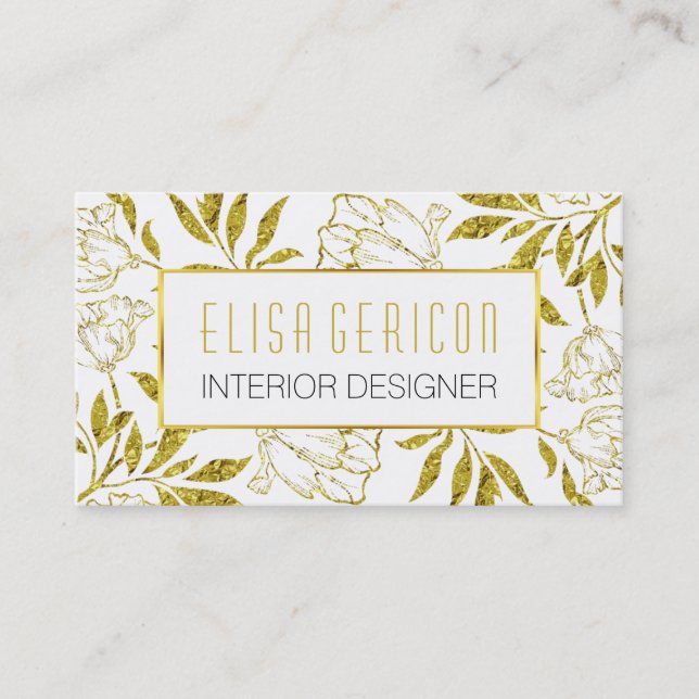 Chic and trendy gold foil peony floral pattern business card (Front)
