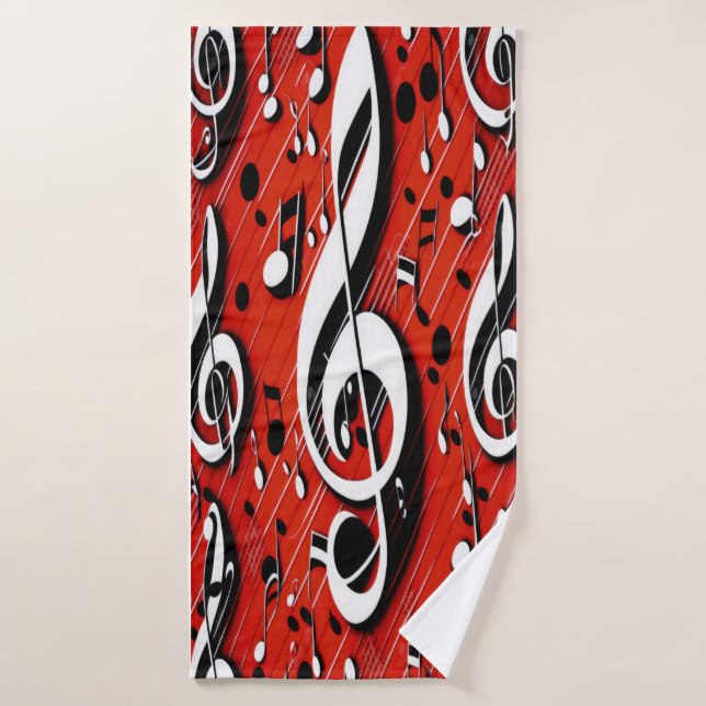 Chic and Trendy Red White and Black Clef Notes  Bath Towel (Bath Towel)