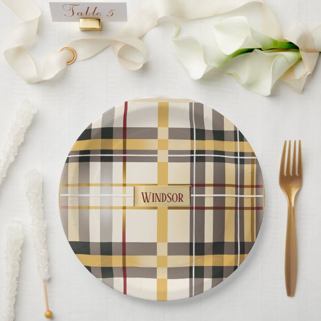 Chic and Trendy Taupe and Gold Plaid  Paper Plate (Wedding)