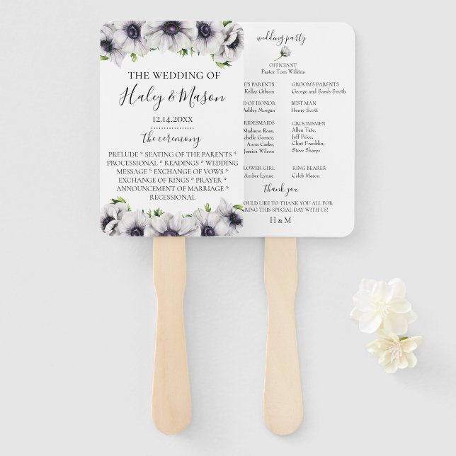 Chic Anemone Floral Wedding Program Hand Fan (Front and Back)