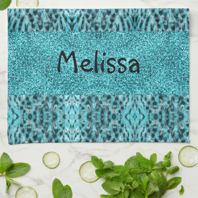 Chic animal print in blue - feathers and glitter  kitchen towel (Folded)