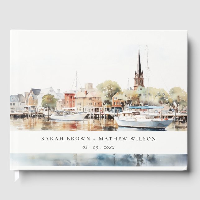 Chic Annapolis Maryland Watercolor Wedding Guest Book (Front)