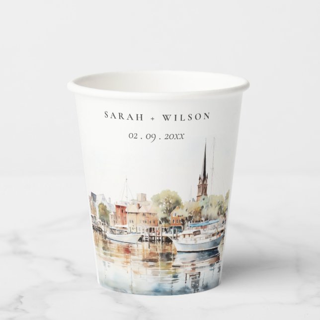Chic Annapolis Maryland Watercolor Wedding Paper Cups (Front)