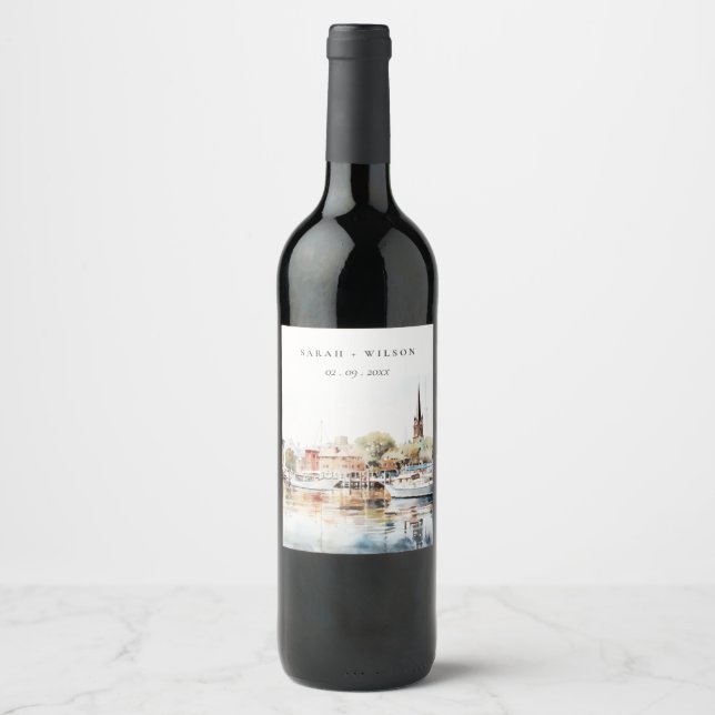 Chic Annapolis Maryland Watercolor Wedding Wine Label (Front)