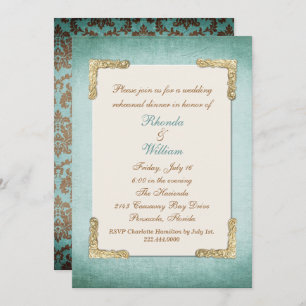 Chic Antique Aqua & Gold Wedding Rehearsal Dinner Invitation