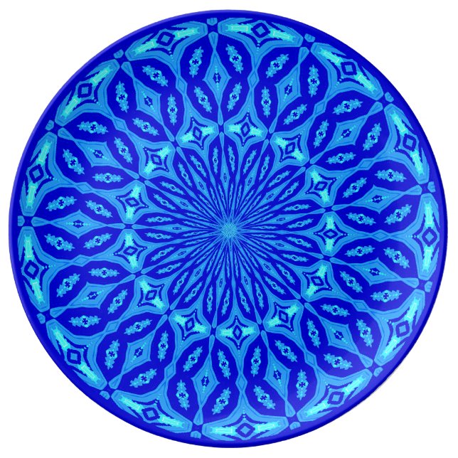Chic Aqua and Blue Kaleidoscope Glow Mandala Plate (Front)