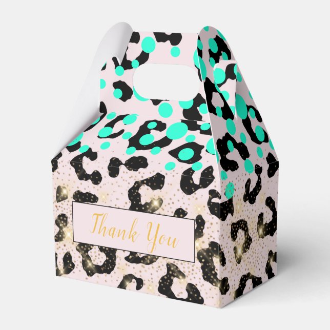 Chic Aqua Animal Print Gold Dust Party Favour Box (Front Side)