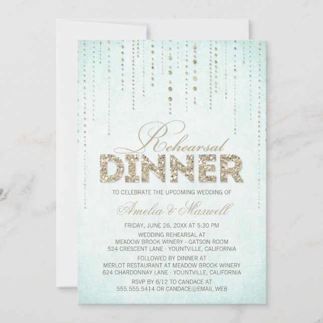 Chic Aqua Blue & Gold Glitter Rehearsal Dinner Invitation (Front)