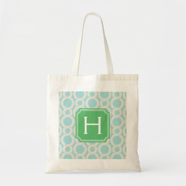 Chic aqua blue interlocking pattern monogram tote bag (Front)