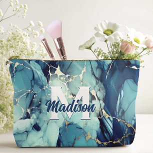 chic aqua blue marble faux gold glitter monogram accessory pouch