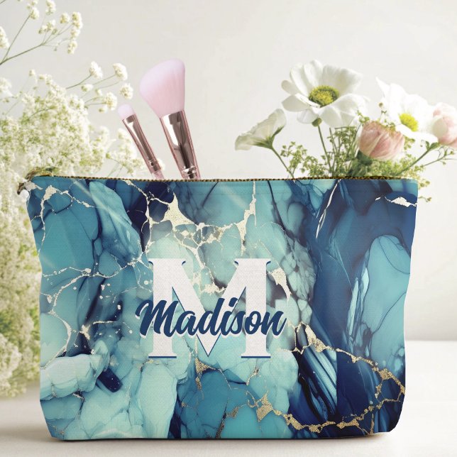 chic aqua blue marble faux gold glitter monogram accessory pouch (Creator Uploaded)