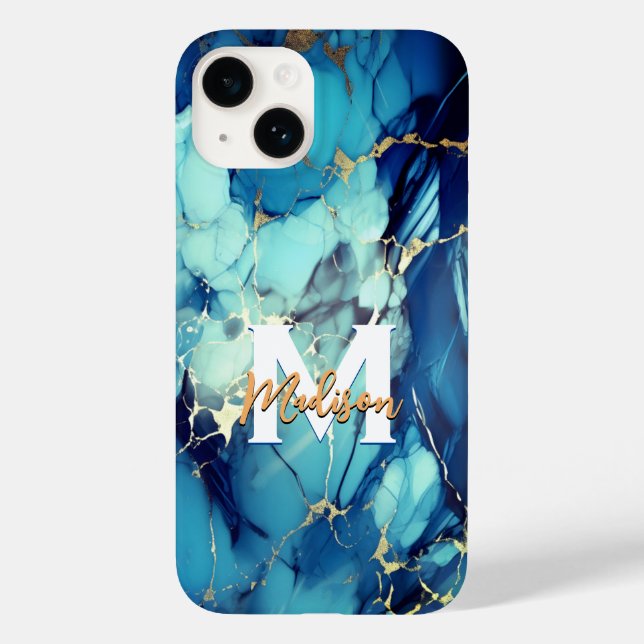chic aqua blue marble faux gold glitter monogram Case-Mate iPhone case (Back)