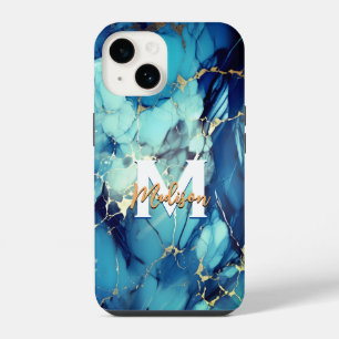 chic aqua blue marble faux gold glitter monogram iPhone 14 case