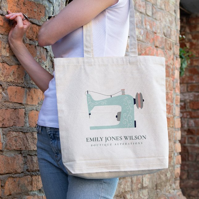 CHIC AQUA BLUE PINK PEACH SEWING MACHINE TAILOR TOTE BAG (Creator Uploaded)