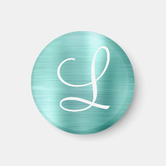 Chic Aqua Brushed Metal White Monogram Magnet
