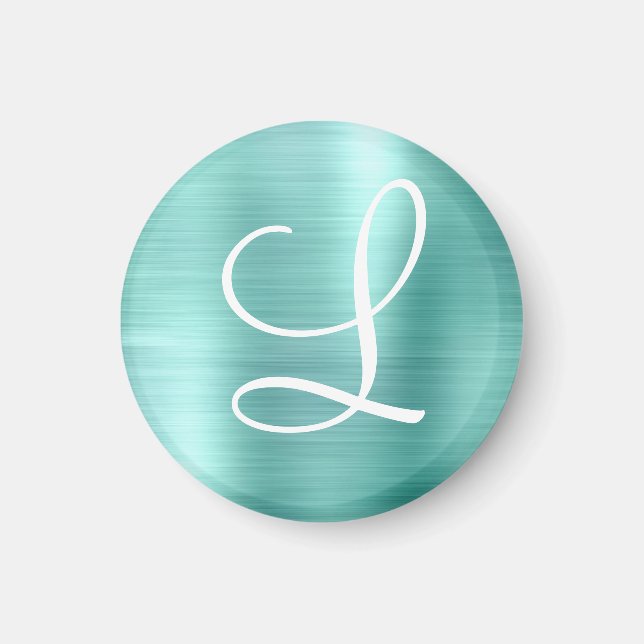 Chic Aqua Brushed Metal White Monogram Magnet (Front)