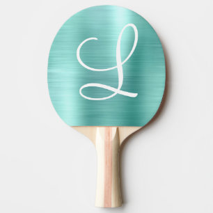 Chic Aqua Brushed Metal White Monogram Ping Pong Paddle