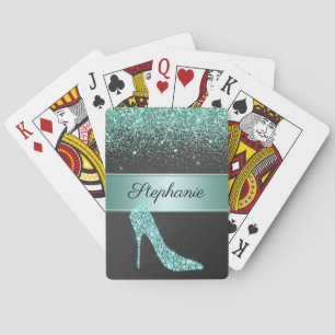 Chic Aqua Gold Glitter Diamond High Heel Shoe Name Playing Cards