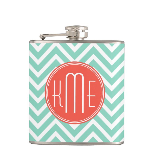 Chic Aqua Green Chevron and Orange Custom Monogram Hip Flask (Front)