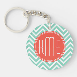 Chic Aqua Green Chevron and Orange Custom Monogram Keychain