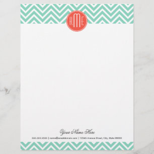 Chic Aqua Green Chevron and Orange Custom Monogram Letterhead