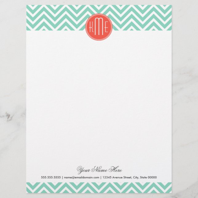Chic Aqua Green Chevron and Orange Custom Monogram Letterhead (Front)