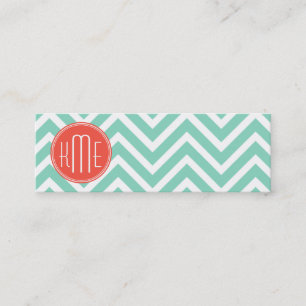 Chic Aqua Green Chevron and Orange Custom Monogram Mini Business Card