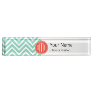 Chic Aqua Green Chevron and Orange Custom Monogram Nameplate