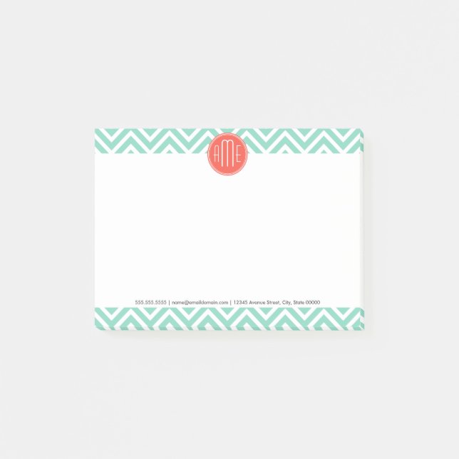 Chic Aqua Green Chevron and Orange Custom Monogram Post-it Notes (Front)