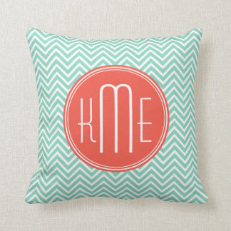 Chic Aqua Green Chevron and Orange Custom Monogram Throw Pillow