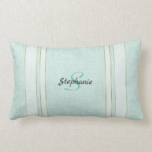 Chic Aqua Linen Look with Monogram Lumbar Pillow