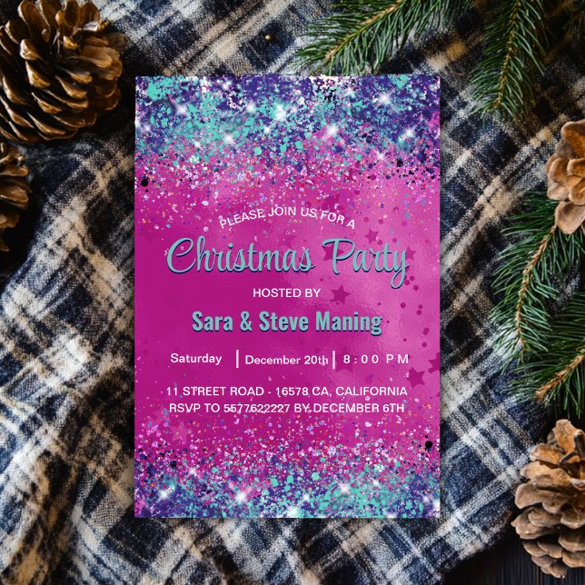 Chic aqua pink iridescent glitter Christmas  Invitation (Creator Uploaded)