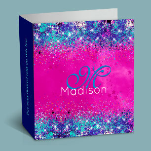 Chic aqua pink iridescent glitter monogram binder