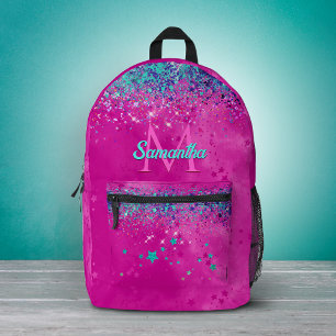 Chic aqua pink iridescent glitter monogram printed backpack