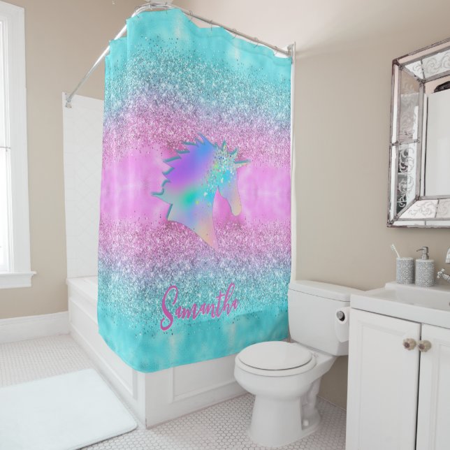 Chic Aqua Pink Unicorn Glitter glam monogram (In Situ)