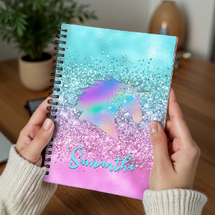 Chic Aqua Pink Unicorn Glitter glam monogram Planner