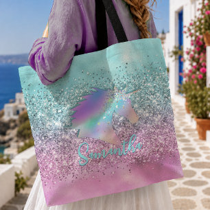 Chic Aqua Pink Unicorn Glitter glam monogram Tote Bag