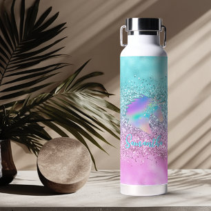 Chic Aqua Pink Unicorn Glitter glam monogram Water Bottle