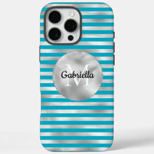 Chic Aqua Silver Stripes Monogram iPhone 16 Pro Max Case