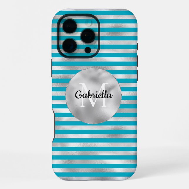 Chic Aqua Silver Stripes Monogram iPhone Case (Back)