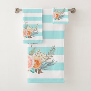 Chic Aqua Stripes Feminine Floral and Name Bath Towel Set