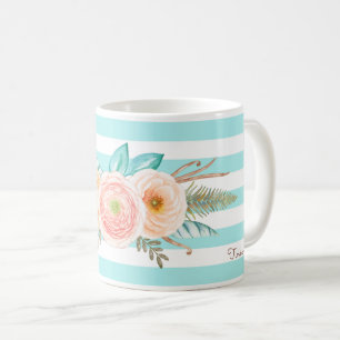 Chic Aqua Stripes Feminine Floral and Name Coffee Mug