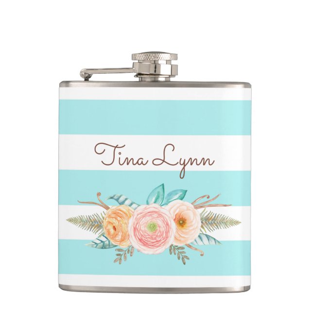 Chic Aqua Stripes Feminine Floral and Name Hip Flask (Front)