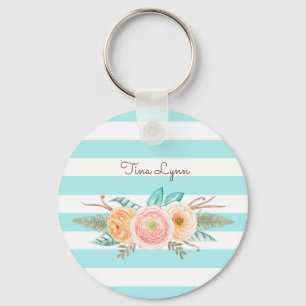 Chic Aqua Stripes Feminine Floral and Name Keychain