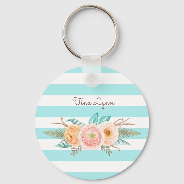 Chic Aqua Stripes Feminine Floral and Name Keychain (Front)