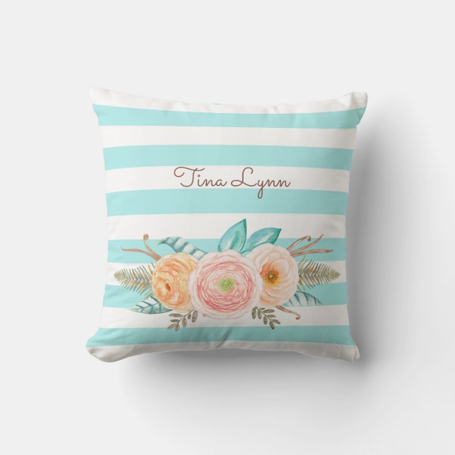 Chic Aqua Stripes Feminine Floral and Name Throw Pillow (Front)