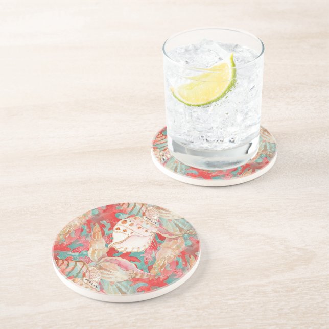 Chic Aqua Turquoise Coral Red Seashells Pattern Coaster (Side)