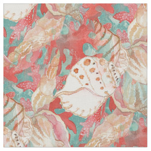 Chic Aqua Turquoise Coral Red Seashells Pattern Fabric