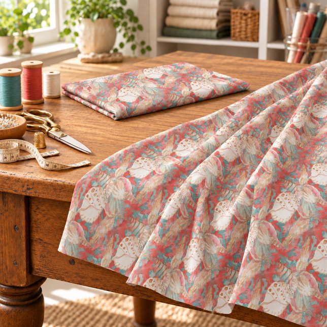 Chic Aqua Turquoise Coral Red Seashells Pattern Fabric (Creator Uploaded)