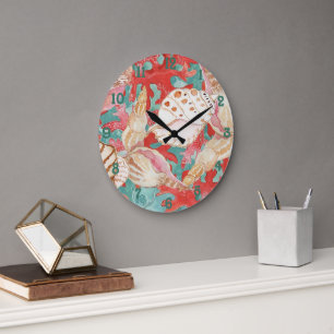 Chic Aqua Turquoise Coral Red Seashells Pattern Large Clock
